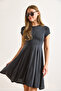 Women Anthracite Modal Short Sleeve Fragmented Mini Bell Dress Elb-19002474 - 3