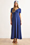 Women's Navy Blue Short Sleeve Slit Modal Button Maxi Dress Elb-19002470 - 2