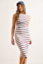 Women's White Drape Detailed Striped Stretchy Dress Elb-19002463 - 3