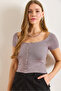 Women's Lilac Button Detailed Soft Textured Crop T-Shirt Tsh-19000932