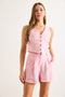 Women's Pink Pocket Zippered Pleated Shorts Shrt-19000065 - 3