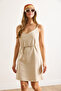 Women's Stone Strap Belted Mini Linen Look Dress Elb-19002465 - 3