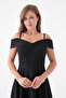 Women's Black Shoulder Open Collar Detailed Strap 138 cm Maxi Dress 342 - 6