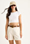 Women's Beige Belted Thin Linen Shorts with Pocket Detail 2530 60281070 - 4