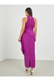 Plain Halter Neck Sheath Maxi Dress with Drape Overlay - 5
