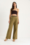 Women's Khaki Straw Belted Pocket Detailed Striped Linen Palazzo Trousers 3434 60283437 - 3