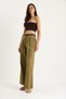 Women's Khaki Straw Belted Pocket Detailed Striped Linen Palazzo Trousers 3434 60283437 - 4