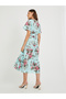 Women Blue Floral Print Ruffle Trim A-Line Midi Dress with Tie Waist - 4