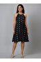 Women Black Aztec Printed Cotton Strappy A-Line Knee-Length Dress