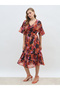 All-Over Floral Print V Neck A-Line Midi Dress - 3
