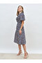 All-Over Print V Neck A-Line Midi Dress with Ruffle Trim - 3
