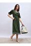 Embroidered V-Neck Puff Sleeve A-Line Midi Dress
