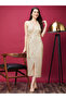 Women Beige Embellished Halter Neck Wrap Midi Dress with Side Slit