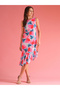 Women Abstract Print Ruffled Asymmetric Hem Sheath Midi Dress