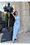 Women's Imported Fabric Neck Rose and Stone Detail Chest Low-Cut Slit Lined Design Dress - 3