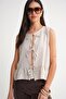 4717 Women's Front Lace Ruffle Sleeveless Linen Blouse Natural