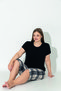 Black Color Plaid Printed Short Sleeve Relaxed Fit Plus Size Capri Pajama Set - 2