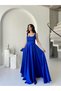 Cobalt Blue Square Neck Strap Satin Evening Dress - 3