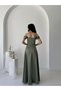 Khaki Stone Strap Low Sleeve Satin Evening Dress - 4