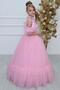 Girl's Chest Glittery Jacquard Detailed Removable Collar Shoulders Pearls Sleeveless Pink Evening Dress
