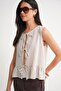 4717 Women's Front Lace Ruffle Sleeveless Linen Blouse Natural - 4