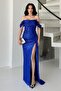 Cobalt Blue Low Sleeve Sequin Evening Dress