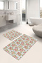 Set of 2 Blue - Pink Rose Motif Floral Patterned Floral Plain & Stylish 2-Piece Bath Mat Set