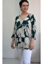 Khaki Green Ecru Leaf Print V-Neck Bat Three-Quarter Sleeve Combed Viscose T-Shirt - 4