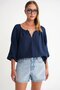 4707 Women's Gathered Collar Sleeve Elastic Loose Muslin Blouse Navy Blue