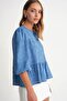 4704 Women's Ruffle Balloon Sleeve Short Denim Blouse Blue - 4