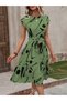 Women's Short Bat Sleeve Round Neck Gathered Waist Single Jersey Dress - 2