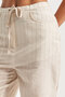 Women's Beige Striped Color S5-101 Waist Lace-Up Loose Cut Linen Fabric Trousers - 4