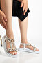 Women's White Stone Embroidered Sandals with Elastic Back