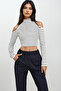 Women's White Half Turtleneck Shoulder Low-Cut Striped Blouse Alc-X12644