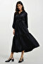 Women's Black Buttoned Front Skirt Flounced Flamed Linen Maxiboy Dress ALC-X12045