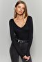 Women's Black V-Neck Snap Body Fİ792 - 2