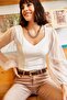 Women's Ecru Sleeve Tulle V-Neck Knitted Blouse BLZ-19001192 - 4