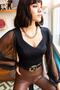 Women's Black Sleeve Tulle V-Neck Knitted Blouse BLZ-19001192 - 2