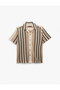 Cotton Short Sleeve Regular Fit Openwork Classic Collar Striped Shirt - 4