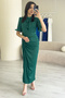 Women's Emerald Green Satin Balloon Sleeve Draped Slit Detailed Dress - 3