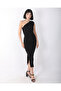 Women's Black One Shoulder Draped Midi Length Invitation Dress