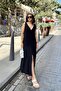 Women's Black Slit V-Neck Muslin Dress - 700-3419 - 7