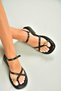 U267763509 Black Low Heeled Women's Sandals with Gold Ring Detail