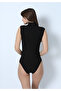 Women's Black Sleeveless High Neck Snap-On Bodysuit - Half Turtleneck, 90% Cotton, Basic Zero-Sleeve - 3
