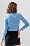 Baby Blue Long Sleeve Ribbed Blouse Crop Knitted T-shirt - 6