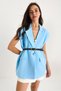 Women's Baby Blue Pocket Detailed Belted Padded Oversize Lined Blazer Vest 11143 60281003 - 3