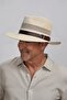 Men's Mesh Breathable Faux Leather Striped Straw Panama Hat-Beige