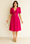 Fuchsia Balloon Sleeve Front Button Detail Crepe Fabric Midi Length Dress