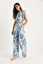 Women's Blue Padded Elastic Waist Crop Blouse Loose Trousers Patterned Linen Bottom-Top Set 25-086 60283430 - 3