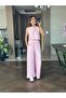 Women's Pink Zero Sleeve Back Lace-Up Strawberry Fabric Blouse and High Waist Pants Two-Piece Set 9310 - 5